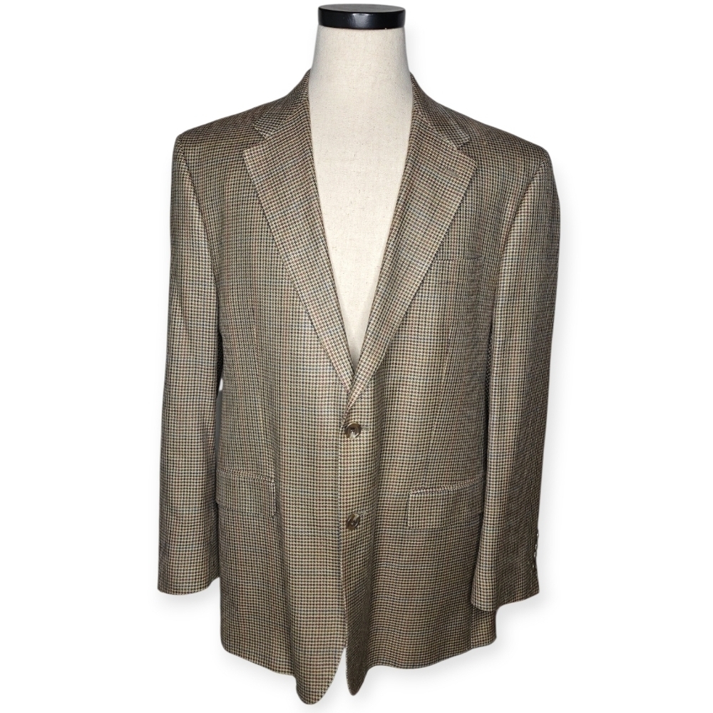 Chaps 100% Silk Blazer Men’s 44R Tan Brown Houndstooth Sport Coat